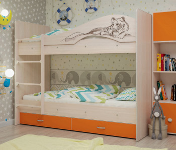 Кровать Мая-Сафари двухъярусная с ящикамиМлечный дуб/Оранжевый в Боровом - borovoe.mebel54.com | фото