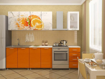 Кухонный гарнитур 1,6м Апельсин (Белый/Оранжевый металлик/Фотопечать апельсин) в Боровом - borovoe.mebel54.com | фото